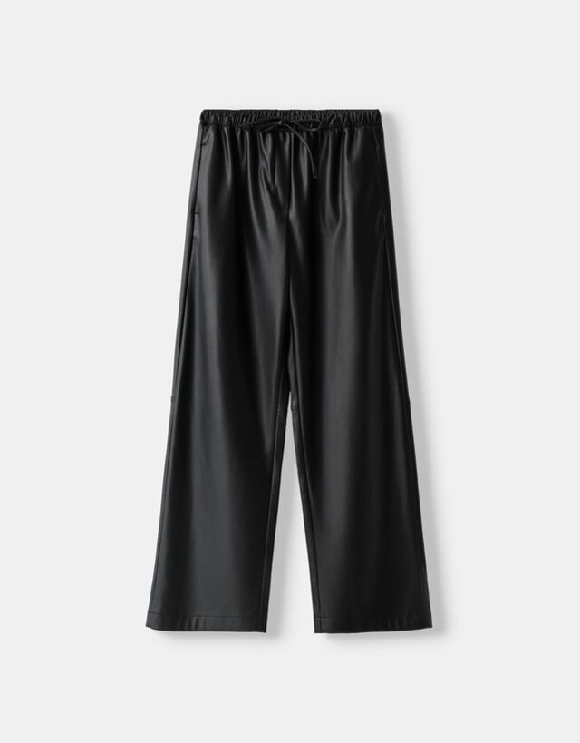 Bershka Pantalón Ancho Efecto Piel Mujer Xl Negro