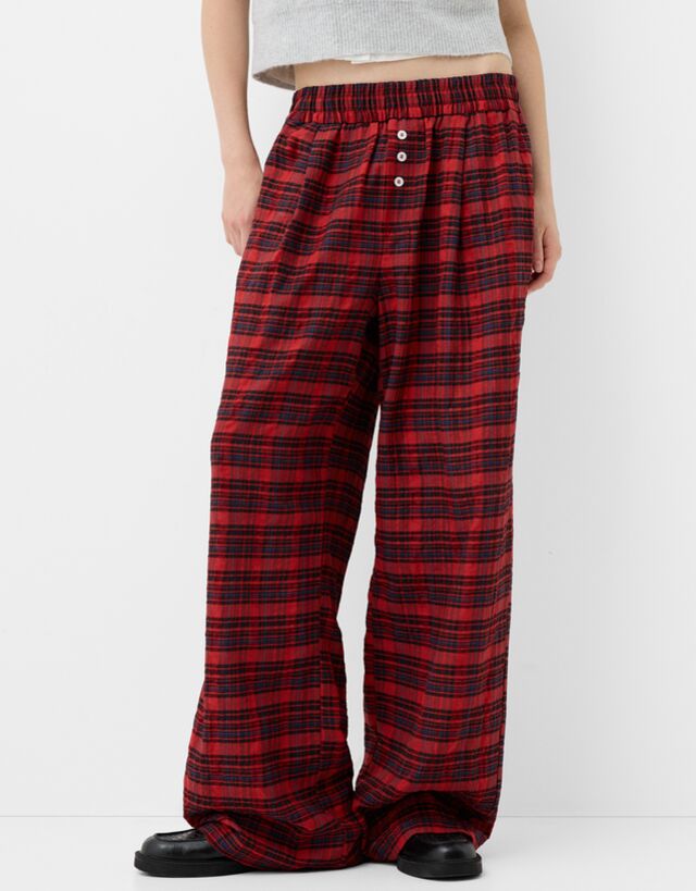 Bershka Pantalón Straight Cuadros Mujer S Rojo