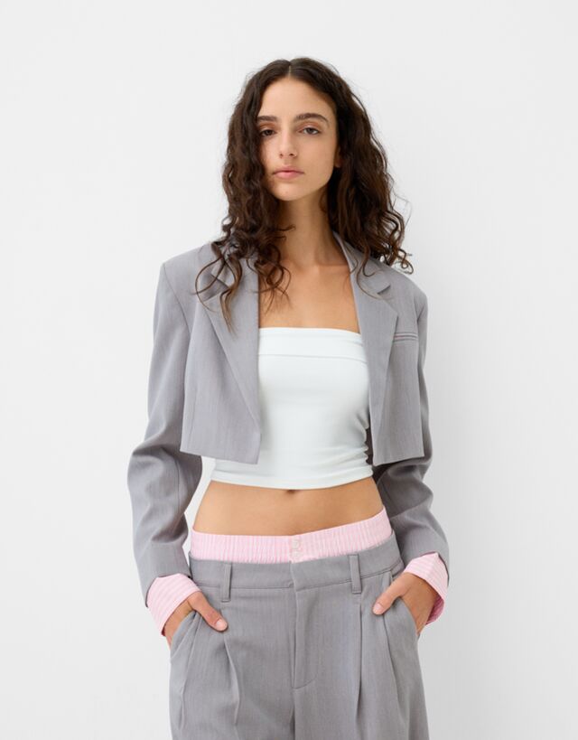 Bershka Blazer Cropped Contraste Mujer L Gris