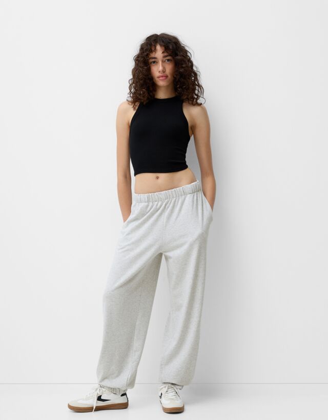 Bershka Pantalón Jogger Felpa Mujer Xs Gris