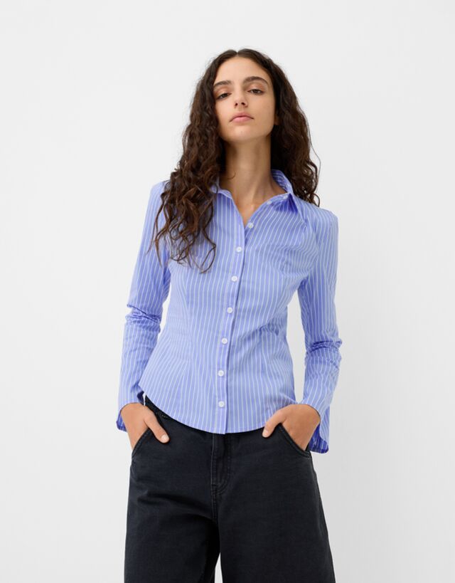 Bershka Camisa Entallada Manga Ancha Mujer Xs Azul