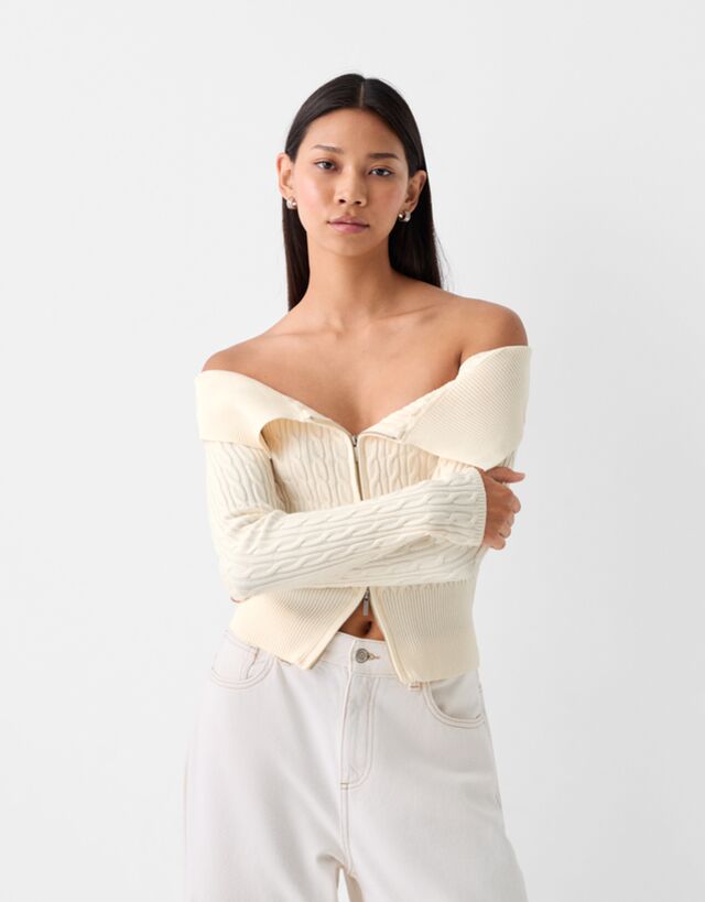 Bershka Cárdigan Cremallera Bardot Trenzas Bskteen S Crudo