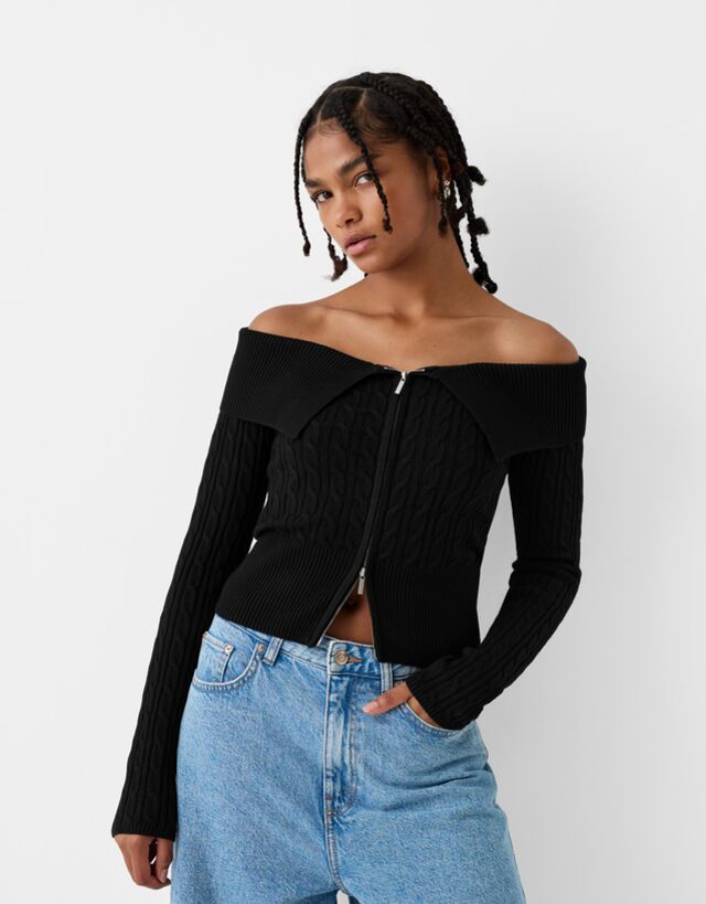 Bershka Cárdigan Cremallera Bardot Trenzas Bskteen S Negro