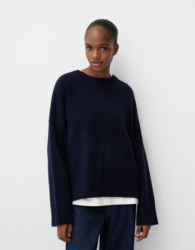 Bershka Jersey Cuello Redondo Mujer L Azul