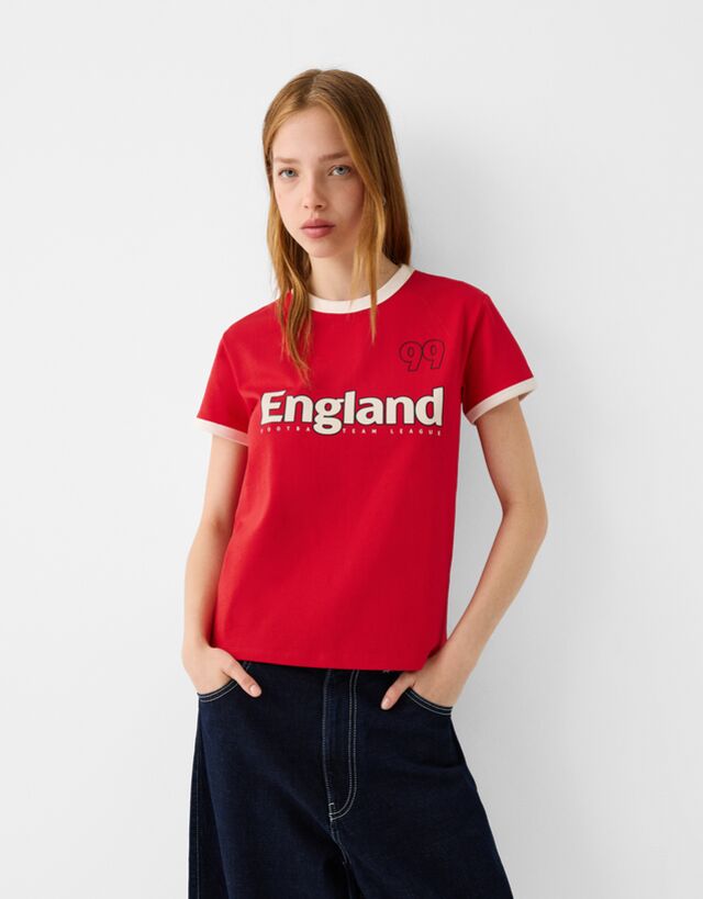Bershka Sportliches Kurzarm-T-Shirt Mit Kontrasten Damen L Rot günstig online kaufen