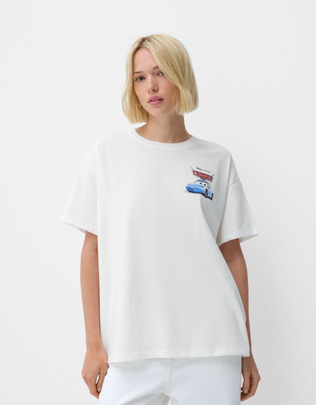 Bershka Camiseta Cars Manga Corta Print Mujer Xs Blanco