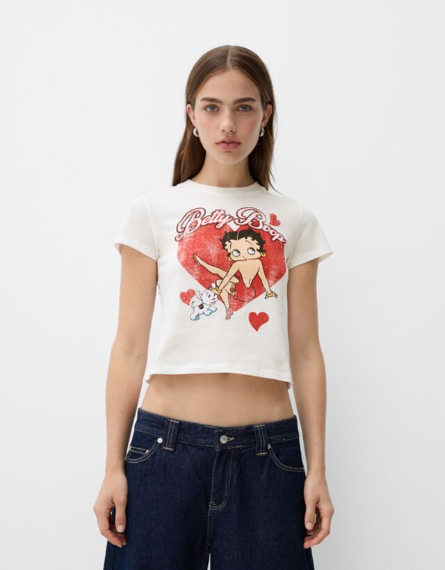 Bershka Maglietta Betty Boop Maniche Corte Donna M Bianco Roto