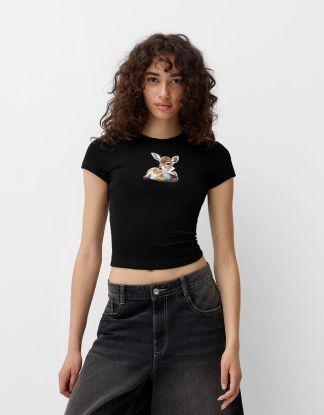 Bershka Camiseta Manga Corta Print Mujer L Negro