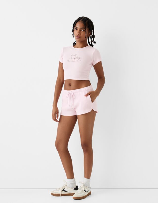 Bershka T-Shirt Aus Waffelgewebe Mit Kurzen Ärmeln Damen 10-12 Rosa