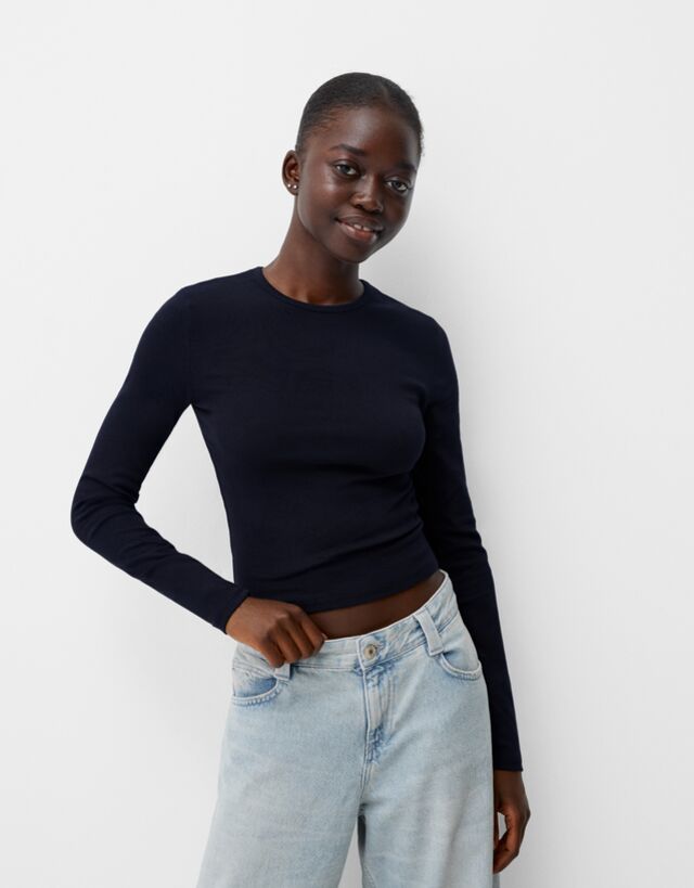 Bershka Camiseta Manga Larga Mujer Xs Marino