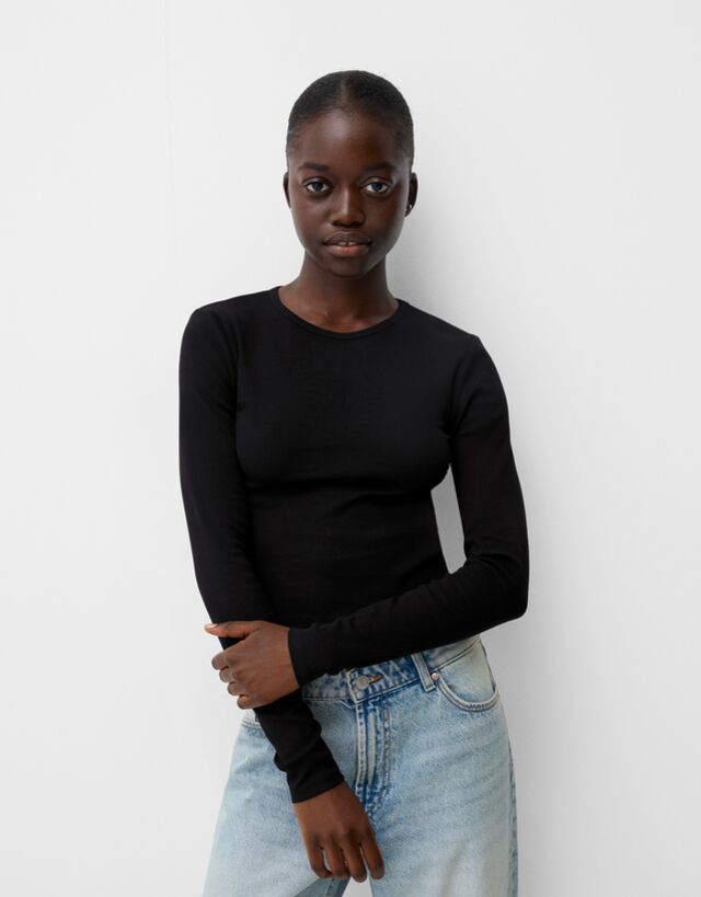 Bershka Camiseta Manga Larga Mujer Xs Negro