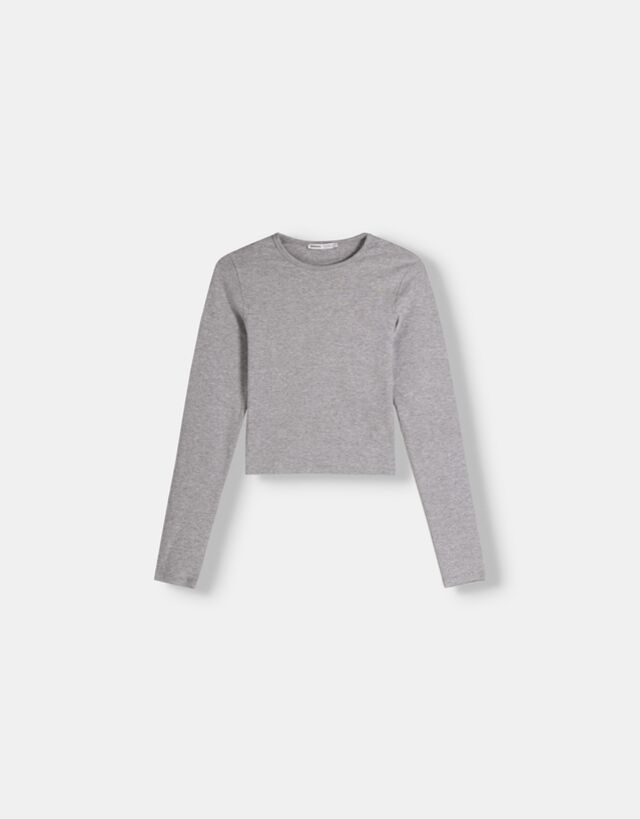 Bershka Camiseta Manga Larga Mujer S Gris