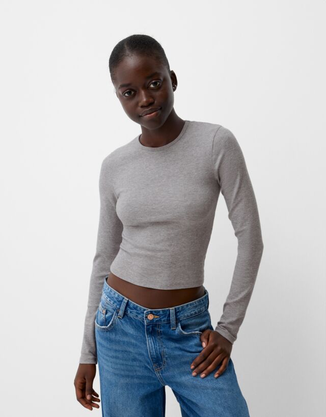 Bershka Camiseta Manga Larga Mujer Xs Gris