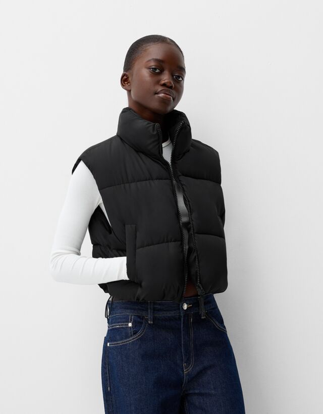Bershka Chaleco Cropped Acolchado Mujer M Negro