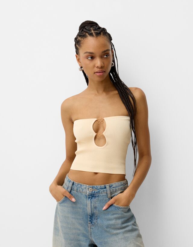 Bershka Top Bandeau Abalorios Mujer Xs Crudo