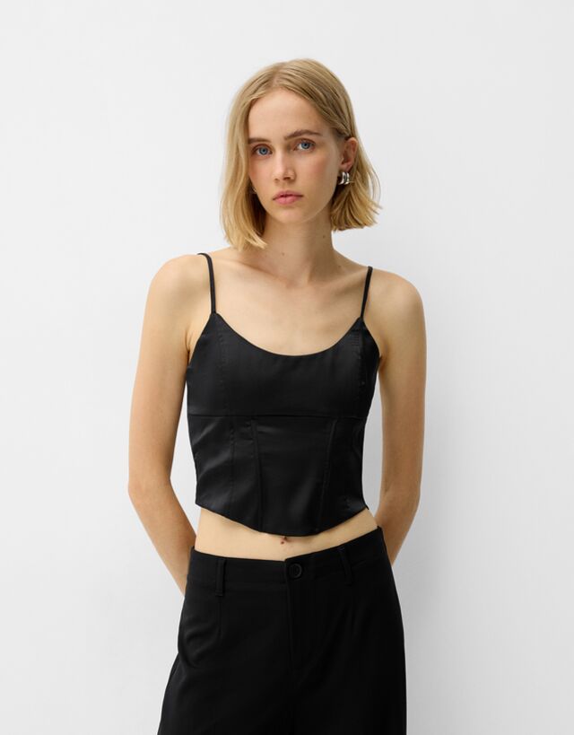 Bershka Top Corsé Satén Mujer Xs Negro