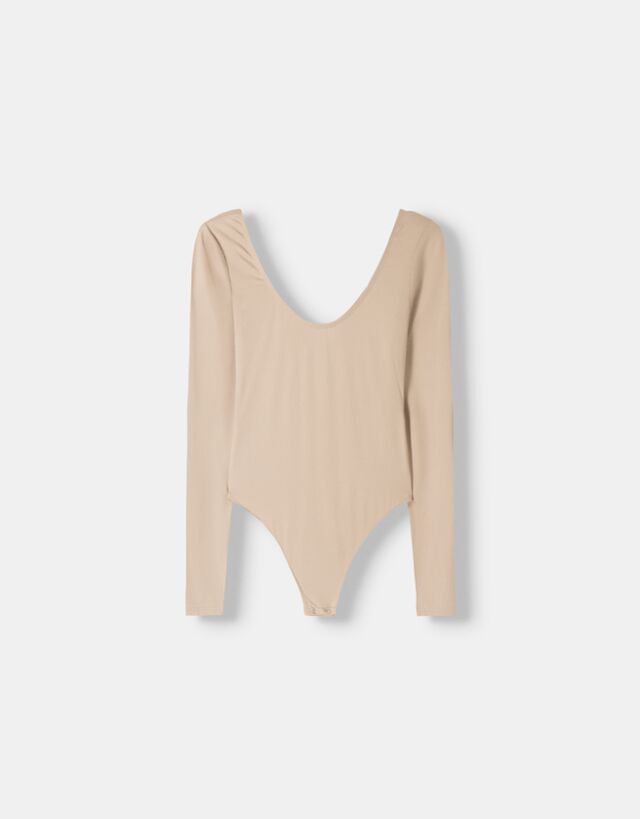 Bershka Body Manga Larga Cuello Barco Mujer Xs Beige