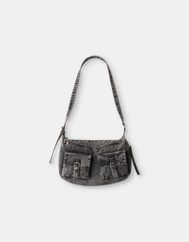 Bershka Bolso Bandolera Denim Cremalleras Mujer Negro