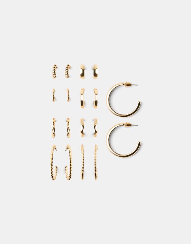 Bershka Pack 9 Pendientes Textura Mujer Oro