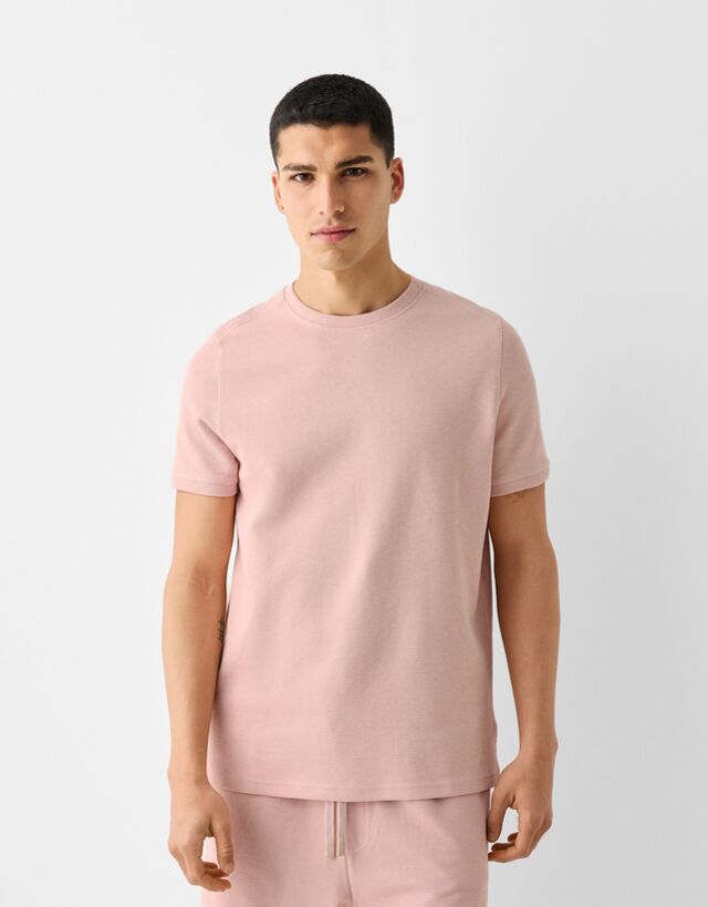 Bershka Maglietta Manica Corta Texture Uomo M Rosa