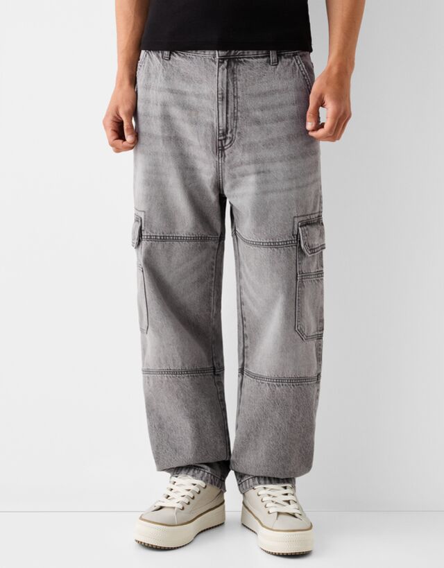 Bershka Jeans Cargo Baggy Uomo 44 (Eu 38) Grigio