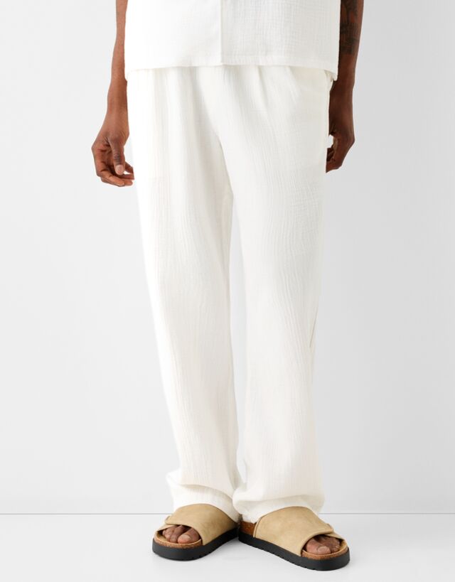 Bershka Pantaloni Wide Leg Semplici Con Texture Uomo M Bianco Roto