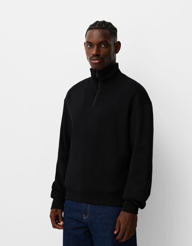 Bershka Sudadera Cremallera Rib Hombre L Negro