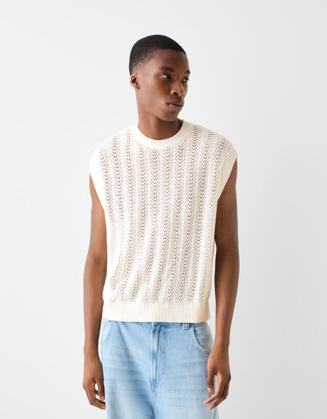 Bershka Chaleco Cropped Crochet Hombre M Blanco Roto