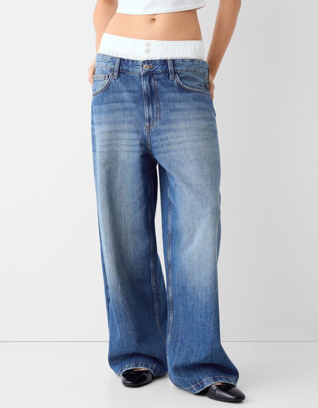 Bershka Jeans Baggy Dettaglio Underwear Donna 48 (Eu 44) Azzurro