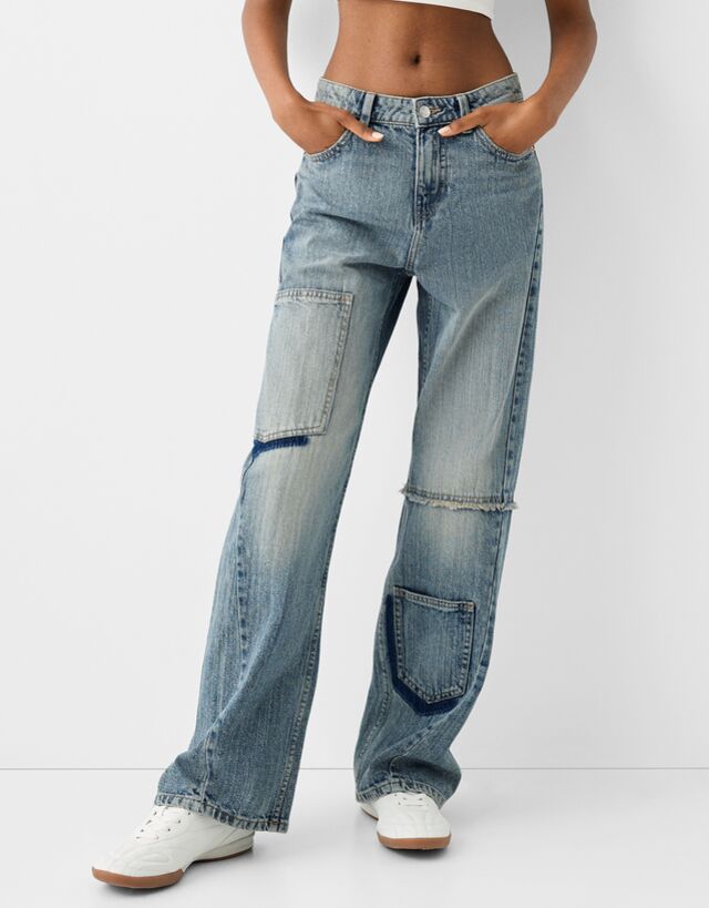 Bershka Jeans Baggy Wide Leg Stile Worker Donna 44 (Eu 40) Azzurro Lavato