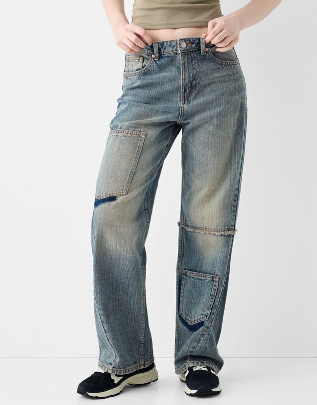 Bershka Jeans Baggy Wide Leg Stile Worker Bskteen 42 (Eu 38) Azzurro Lavato