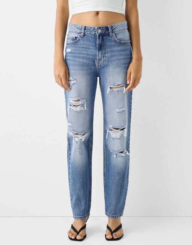Bershka Cropped-Jeans Im Straight-Fit Damen 38 Ausgewaschenes Blau günstig online kaufen