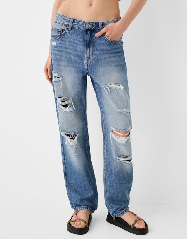 Bershka Jeans Straight Fit Cropped Donna 44 (Eu 40) Azzurro Lavato