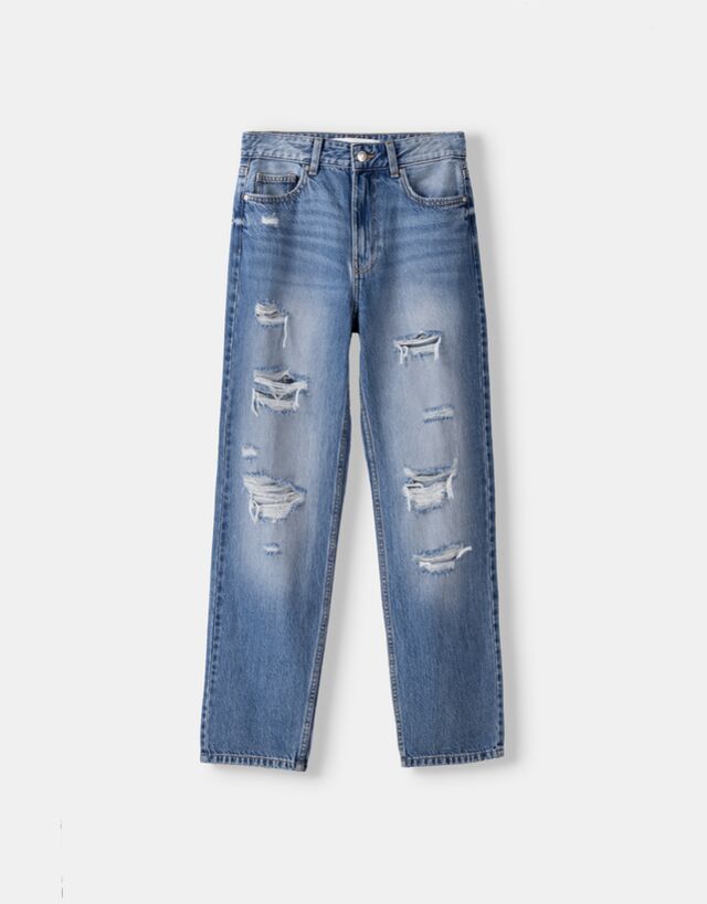 Bershka Jeans Straight Fit Cropped Bskteen 42 (Eu 38) Azzurro Lavato