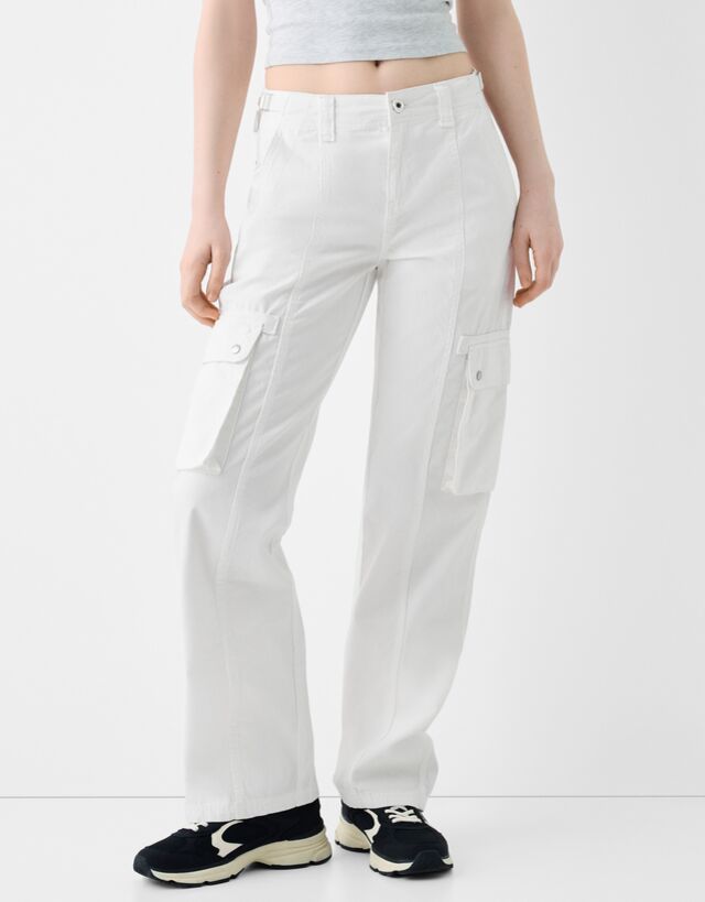 Bershka Pantaloni Cargo Straight Fit Regolabili In Cotone Donna 44 (Eu 40) Bianco