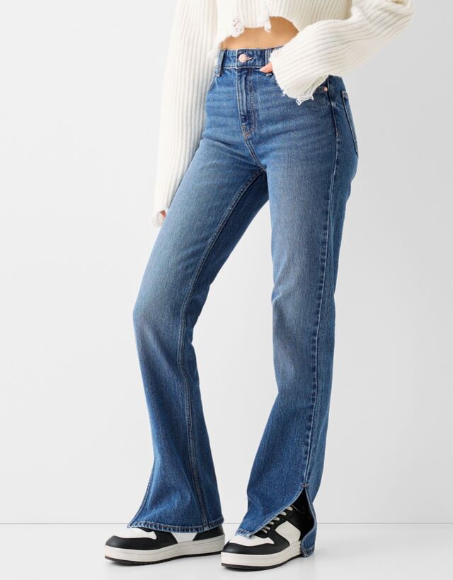 Bershka Jeans Flare Comfort Fit Spacco Laterale Donna 48 (Eu 44) Azzurro