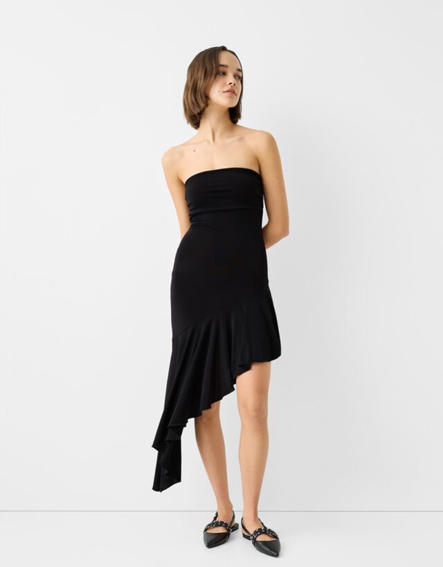 Bershka Asymetryczna Sukienka Średniej Długości Z Dekoltem Odsłaniającym Ramiona Kobieta M Czarny