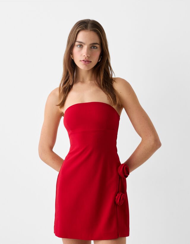 Bershka Vestito Mini A Fascia Con Dettaglio Di Fiore Donna S Rosso