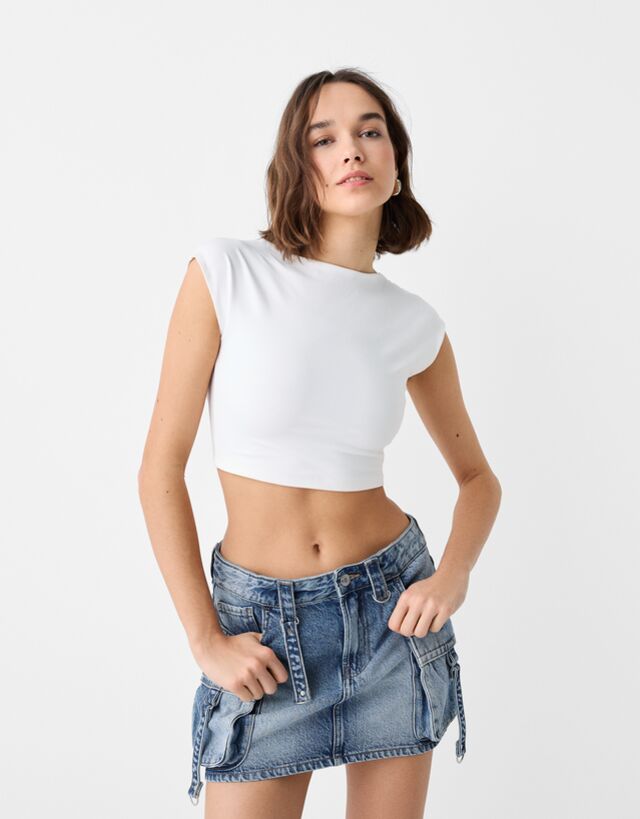 Bershka Falda Cargo Tiras Mujer 32 Azul Lavado