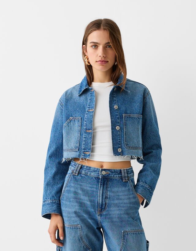 bershka veste en jean cropped workwear femme s bleu lavé