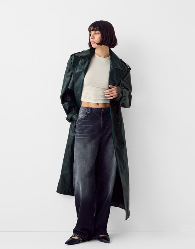 Bershka Trench Extra Lungo Finta Pelle Donna L Verde