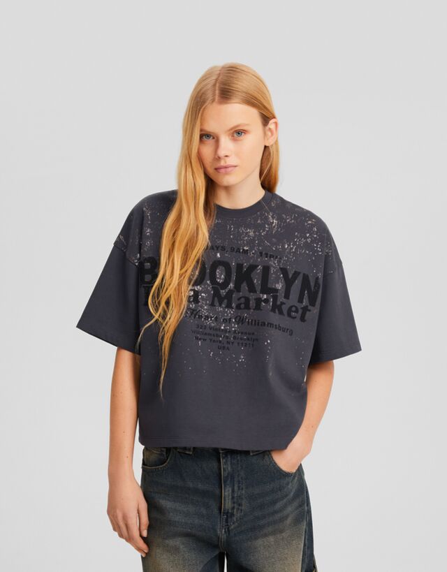 Bershka Kurzärmeliges Oversize-T-Shirt Mit Metallicprint Damen M Dunkelgrau