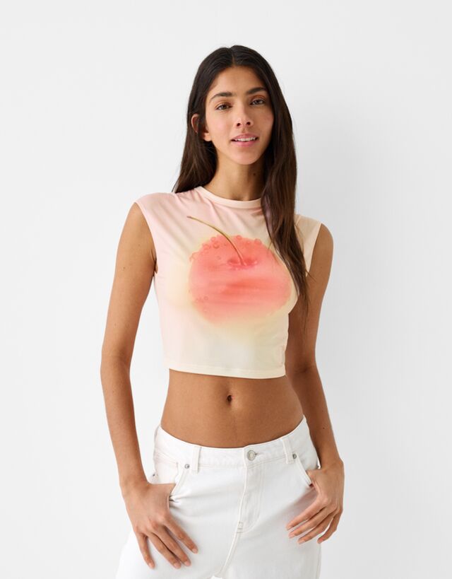 Bershka Cropped-T-Shirt Mit Print Damen Xs Rosa günstig online kaufen