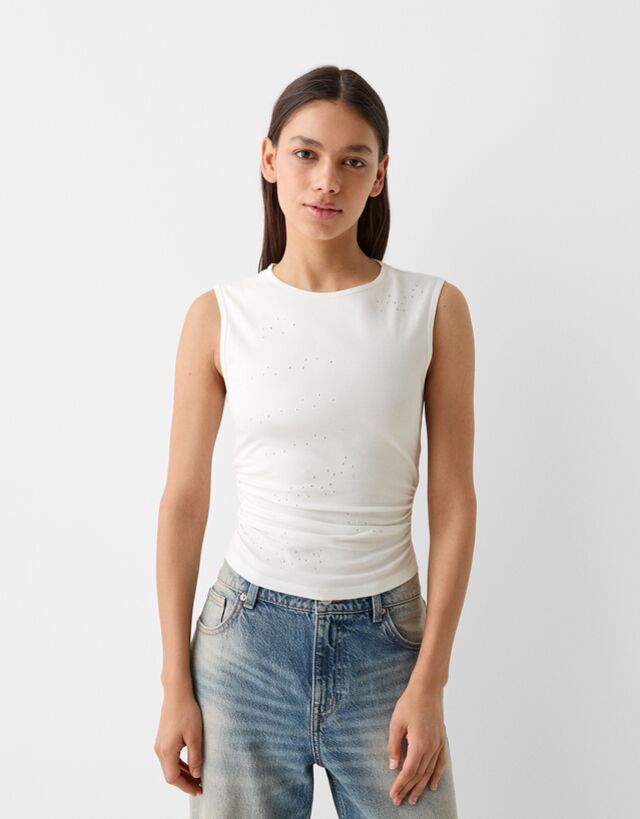 Bershka Camiseta Sin Mangas Fruncido Mujer Xs Blanco Roto