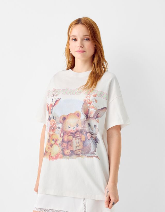Bershka Camiseta Manga Corta Print Mujer Xs Crudo