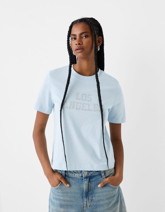 Bershka Camiseta Manga Corta Strass Mujer M Azul Claro