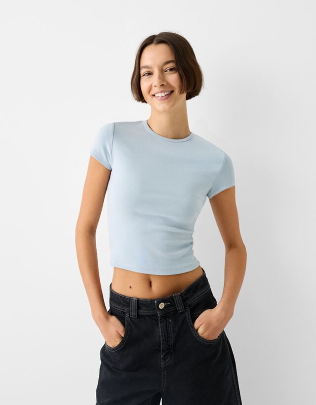 Bershka T-Shirt Mit Rundausschnitt Damen Xl Hellblau günstig online kaufen