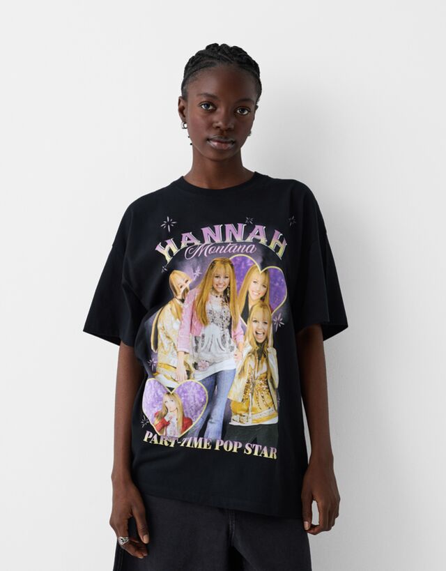 Bershka Maglietta Con Stampa Hannah Montana A Maniche Corte Donna S Nero