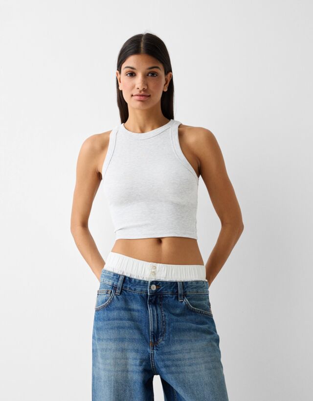 Bershka Camiseta Sin Mangas Rib Mujer M Gris