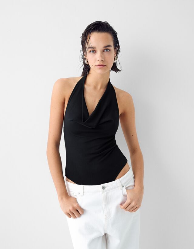 Bershka Body Halter Drapeado Mujer S Negro